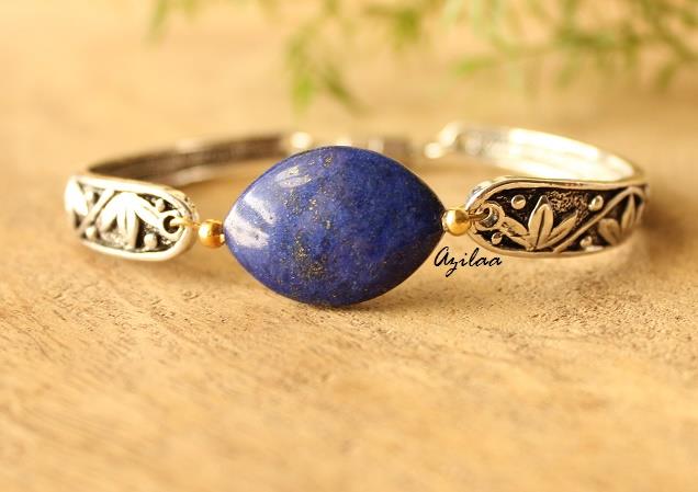 Blue Lapis Silver tone gemstone beaded handmade bracelet