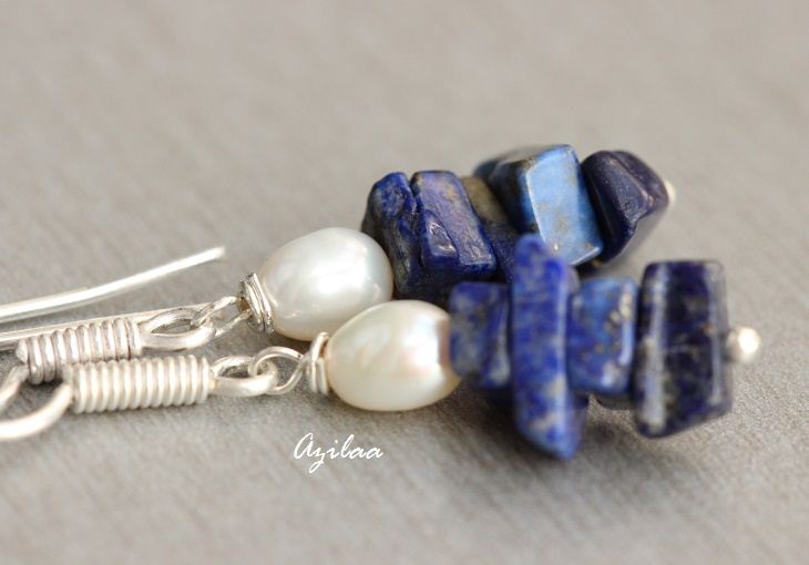Blue Lapis lazuli earrings - Lapis pearl silver earrings