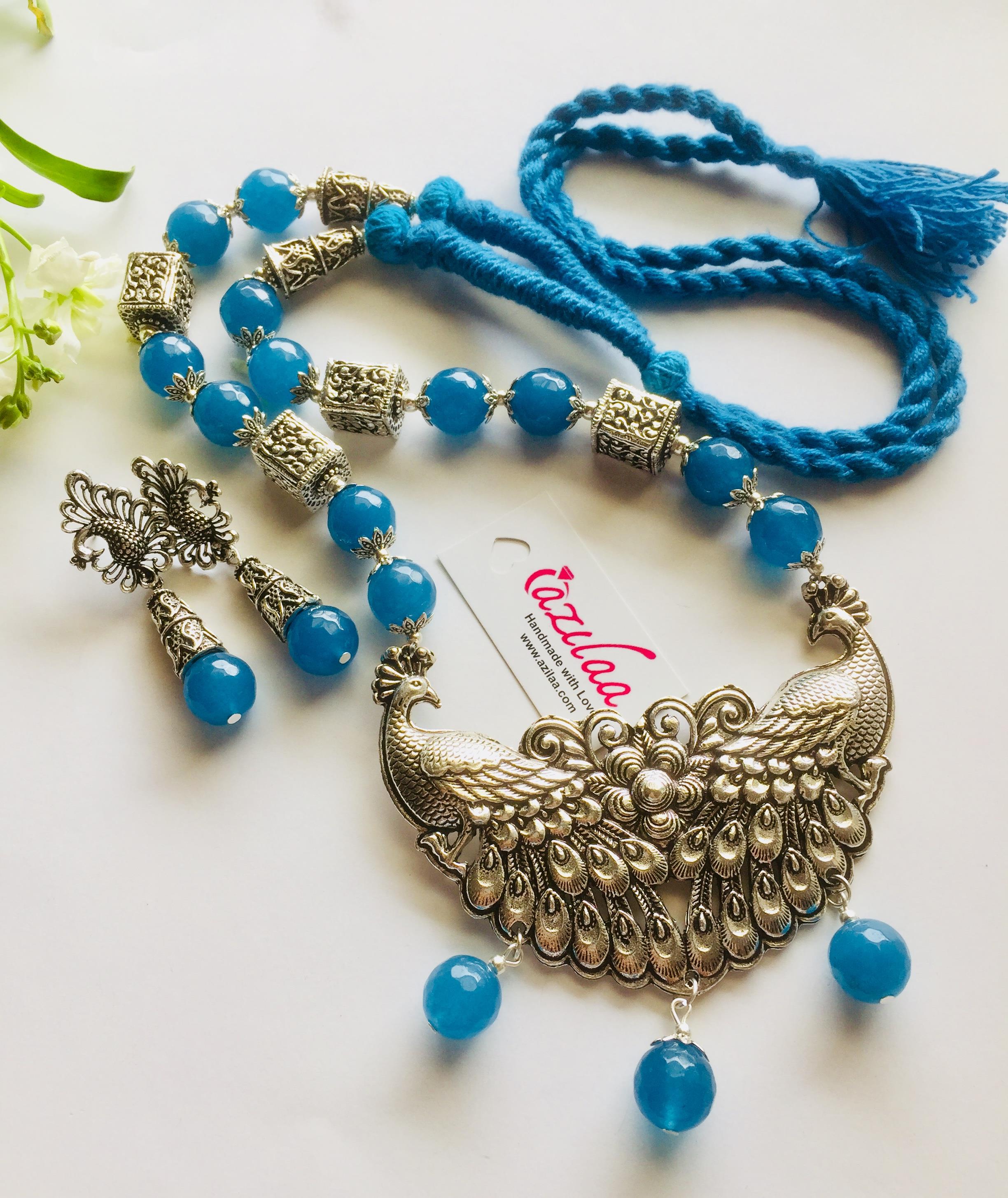 Blue Peacock Statement handmade necklace set