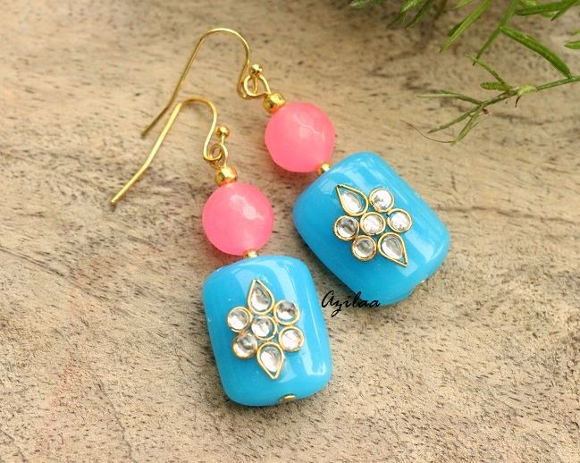Blue Pink beaded gold plated earrings