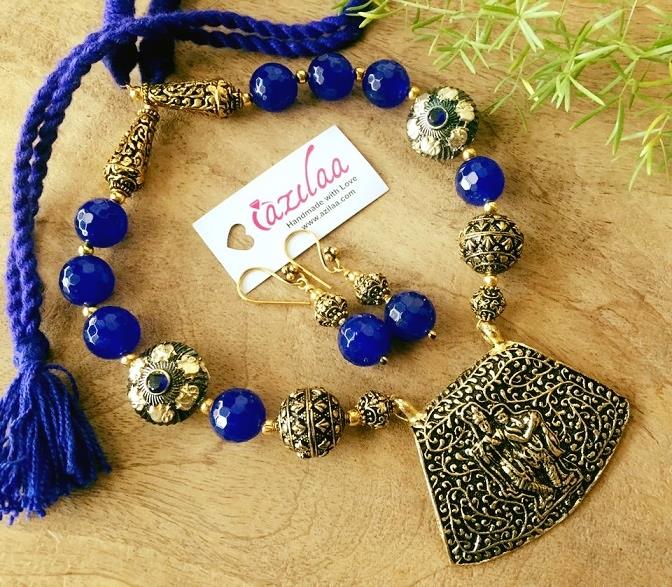 Radha Krishna pendant necklace set, Blue beads jewellery set