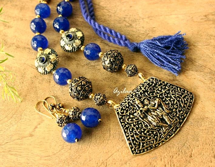 Radha Krishna pendant necklace set, Blue beads jewellery set
