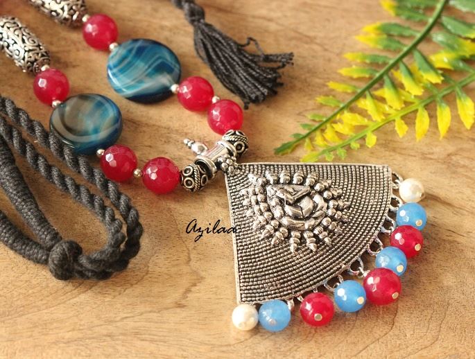 Blue Ruby pink ganesha silver tone pendant gemstone necklace