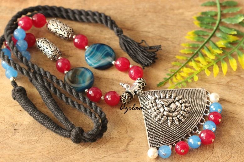 Blue Ruby pink ganesha silver tone pendant gemstone necklace