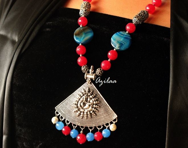 Blue Ruby pink ganesha silver tone pendant gemstone necklace