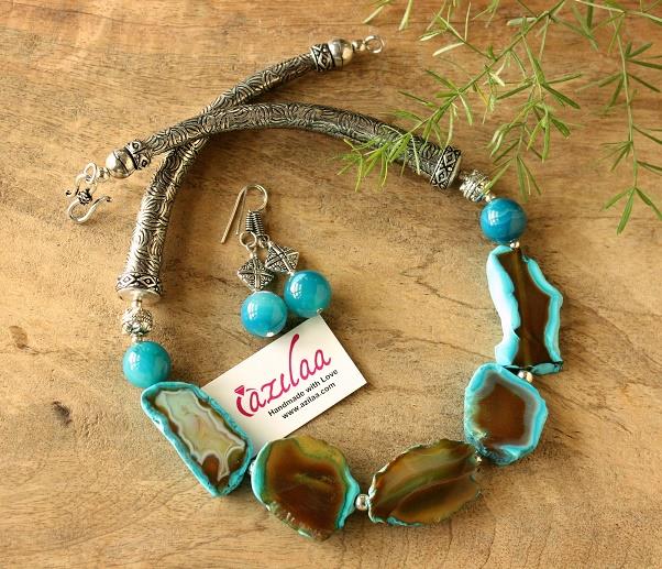 Blue Statement OOAK Agate designer gemstone beaded necklace 