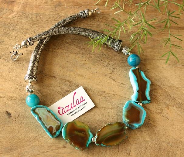 Blue Statement OOAK Agate designer gemstone beaded necklace 