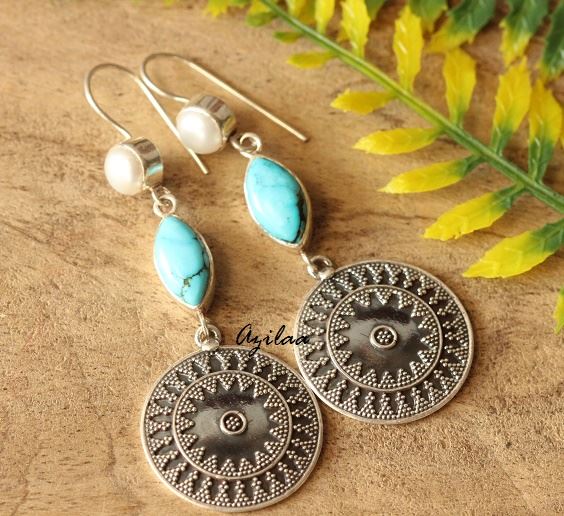 Blue Turquoise Pearl silver artisan ethnic earrings