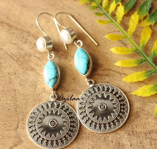 Blue Turquoise Pearl silver artisan ethnic earrings