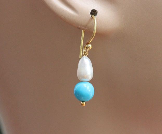 Blue Turquoise pearl earrings gemstone earrings gold plated earrings