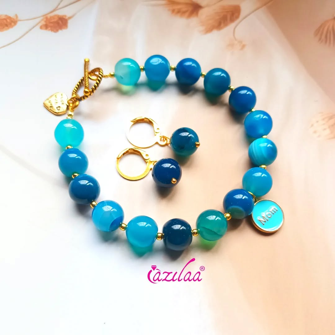 Blue agate Mom charm bracelet earring gemstone beaded set