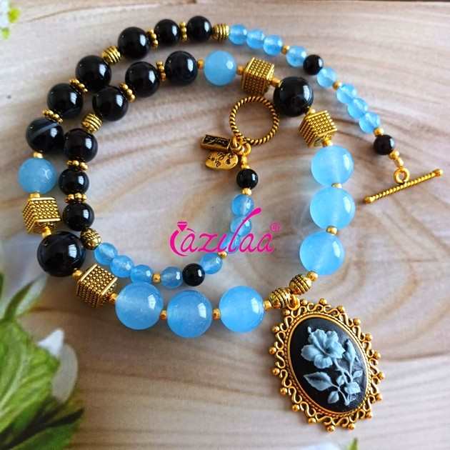 Blue agate and black onyx  gemstone beaded handmade necklace set