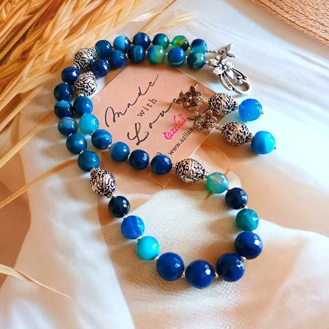 OOAK Blue agate gemstone beaded handmade necklace set