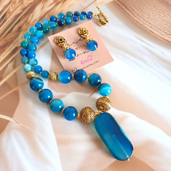 Blue agate gemstone beaded handmade necklace set