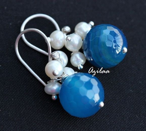 Blue agate gemstone pearl sterling silver handmade earrings