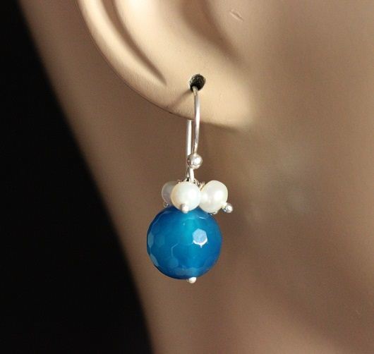 Blue agate gemstone pearl sterling silver handmade earrings