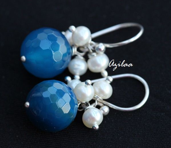 Blue agate gemstone pearl sterling silver handmade earrings
