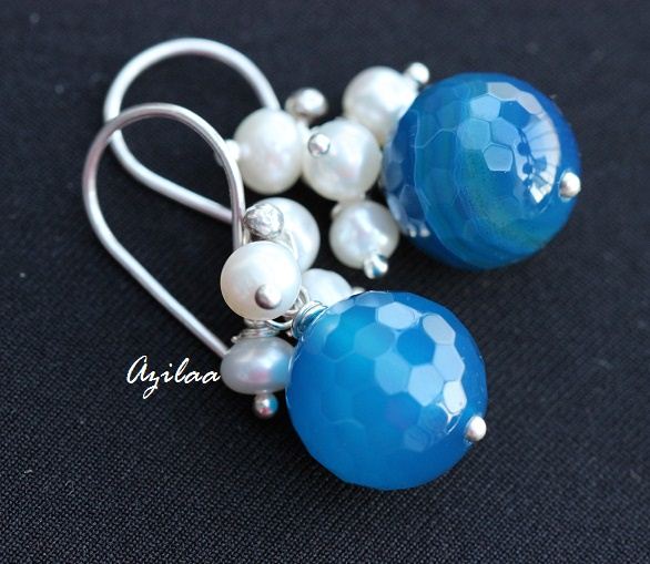 Blue agate gemstone pearl sterling silver handmade earrings