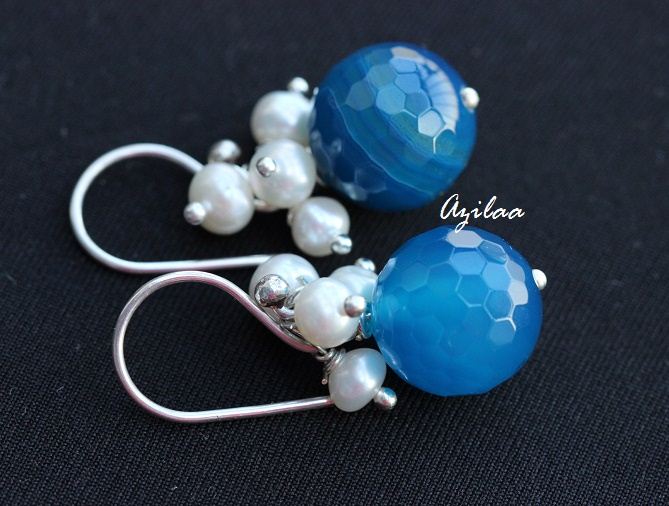Blue agate gemstone pearl sterling silver handmade earrings