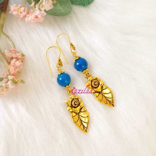 Blue agate golden rose charm earrings
