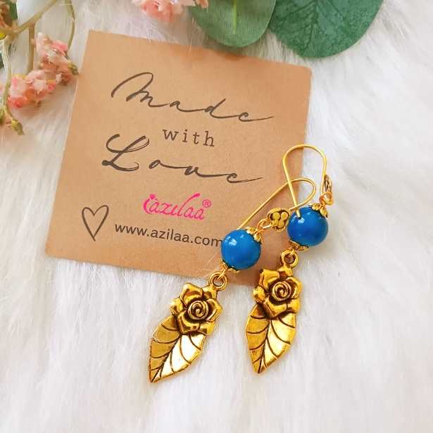 Blue agate golden rose charm earrings
