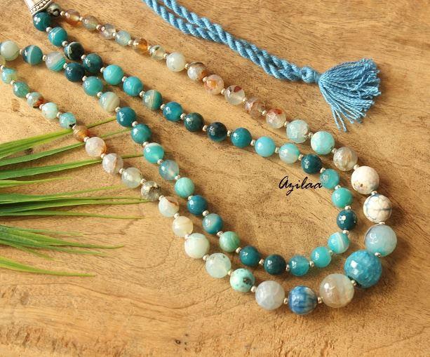 Blue agate layered gemstone artisan handmade necklace