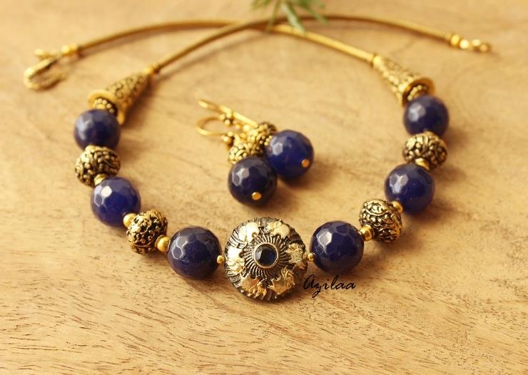 Antique gold tone blue stone necklace set, Statement necklace