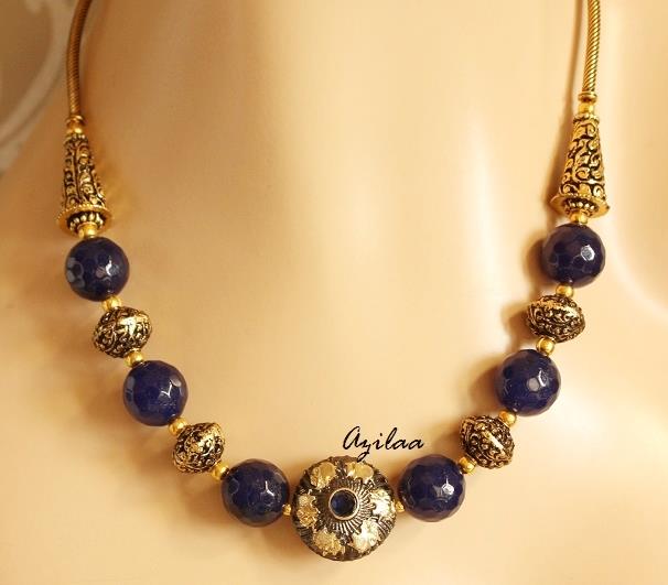 Antique gold tone blue stone necklace set, Statement necklace