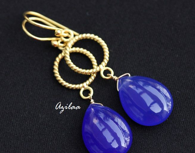 Blue chalcedony gold plated silver gemstone earrings