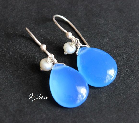 Blue  chalcedony pearl sterling silver beaded earrings 