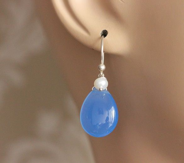 Blue  chalcedony pearl sterling silver beaded earrings 