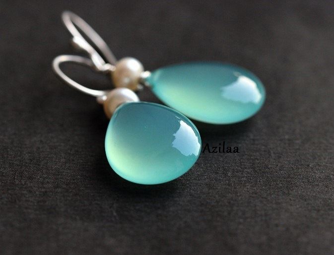 Blue chalcedony pearl sterling silver beaded earrings 