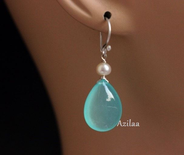Blue chalcedony pearl sterling silver beaded earrings 