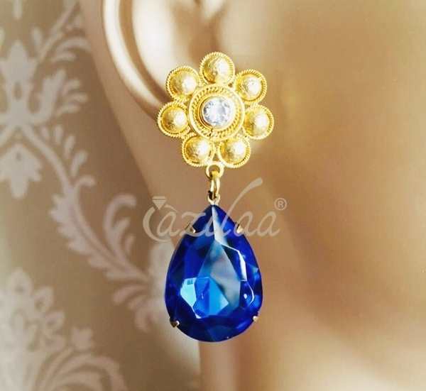 Blue crystal statement Gold plated drop handmade earrings