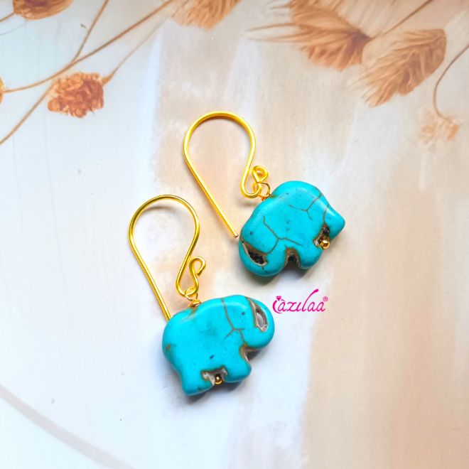Blue elephant gemstone beaded  gold tone earrings
