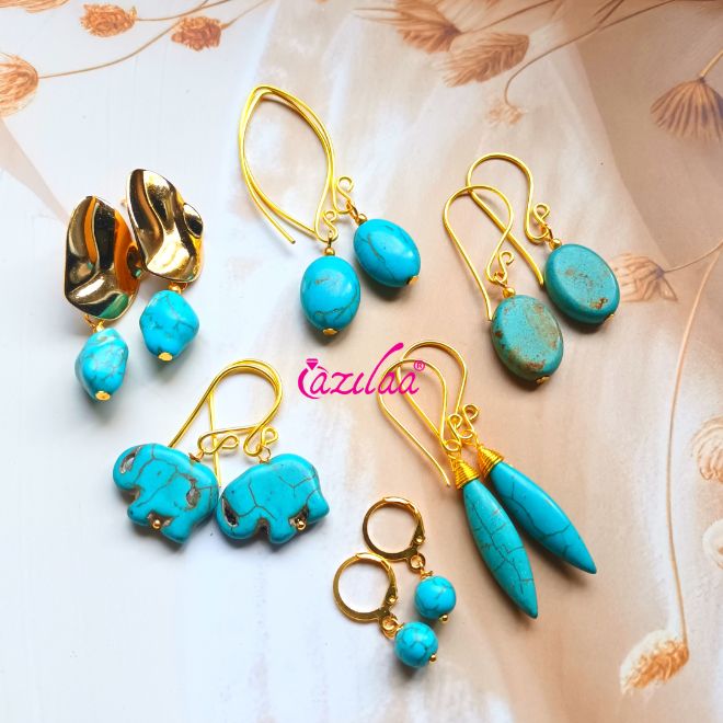 Blue elephant gemstone beaded  gold tone earrings