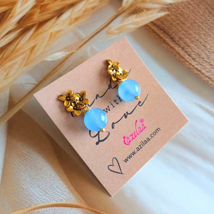 Blue gemstone antique golden flower stud dangler earrings