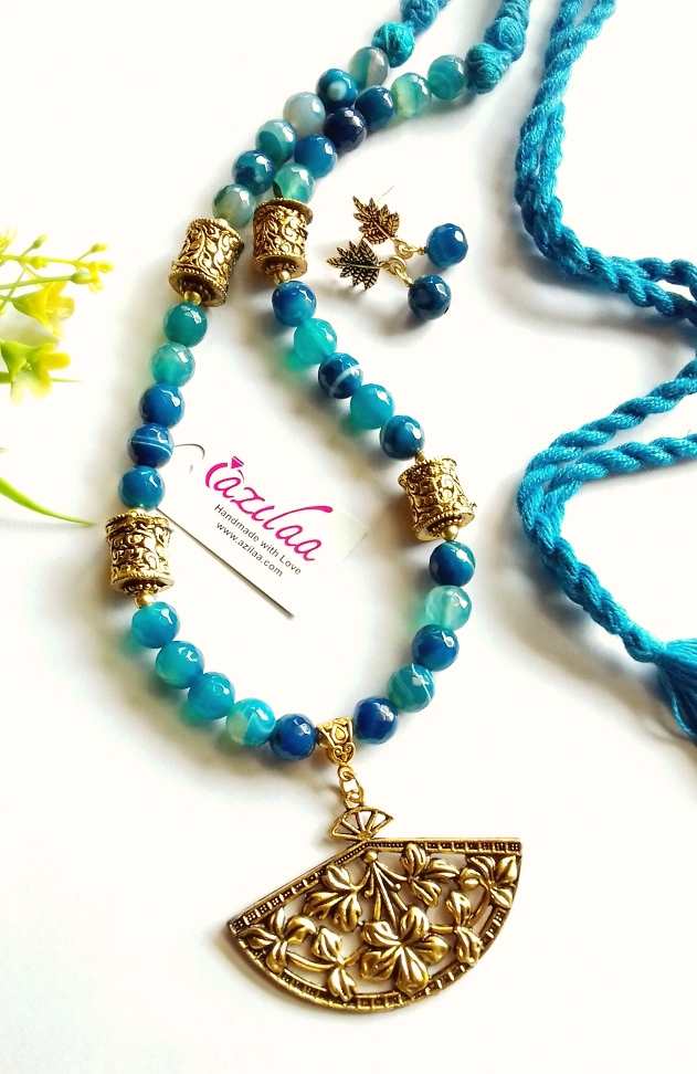 Blue gemstone beaded ethnic antique gold necklace set
