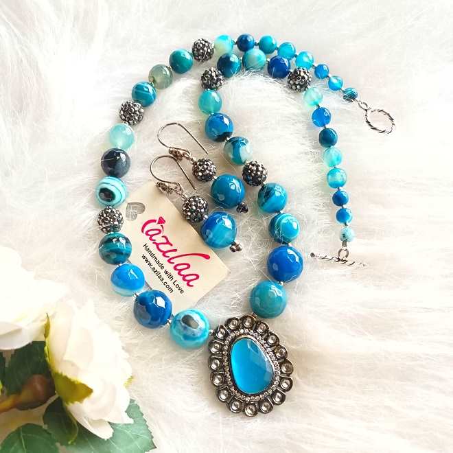  Blue gemstone beaded handmade necklace set