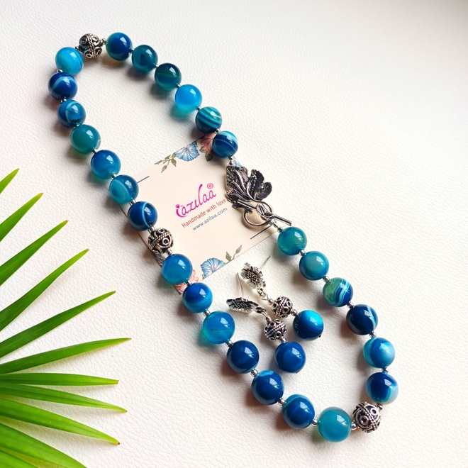 Blue gemstone beaded handmade necklace set