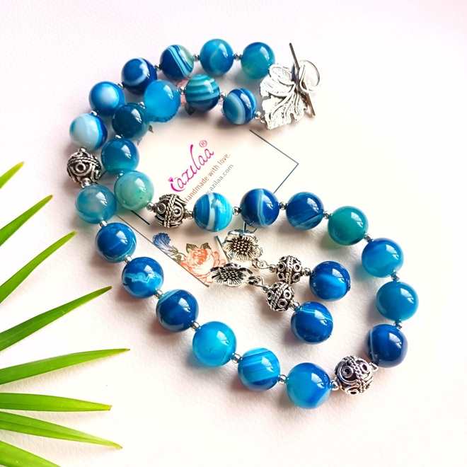 Blue gemstone beaded handmade necklace set