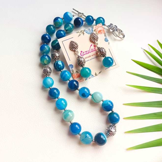 Blue gemstone beaded handmade necklace set