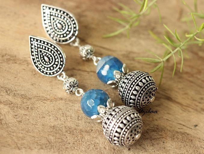 Blue gemstone silver post  ethnic earrings