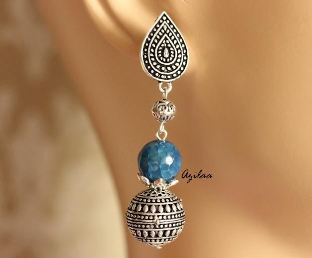 Blue gemstone silver post  ethnic earrings