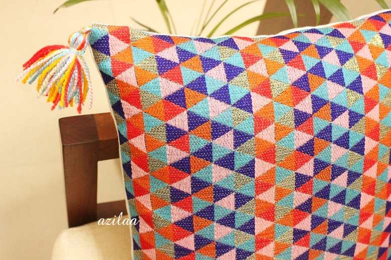 Blue geometric orange handloom handmade cushion cover 