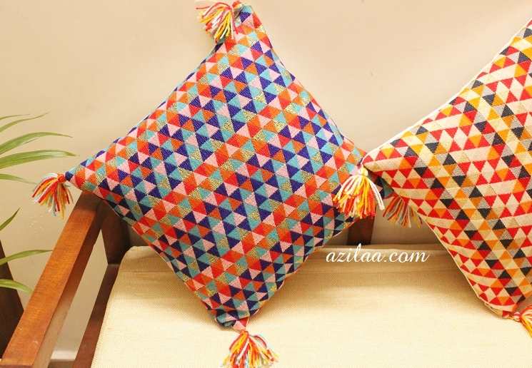 Blue geometric orange handloom handmade cushion cover 