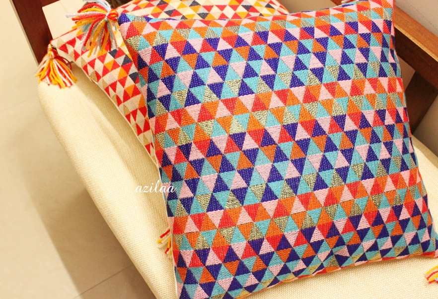 Blue geometric orange handloom handmade cushion cover 