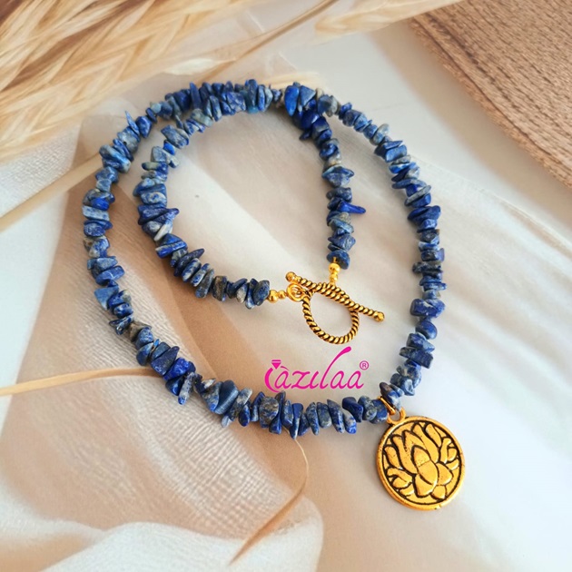 Blue lapis Designer gemstone lotus pendant dainty necklace