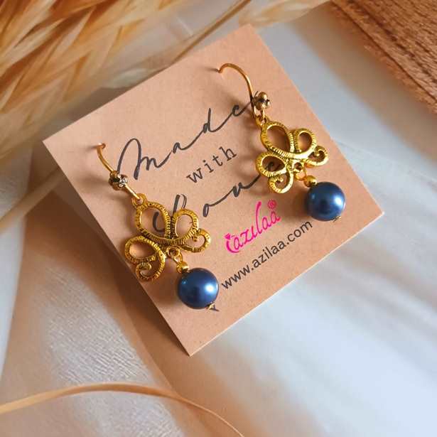 Blue pearl antique golden chandelier earrings