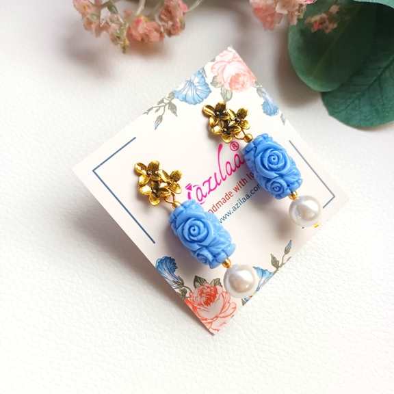 Blue pearl antique golden flower earrings